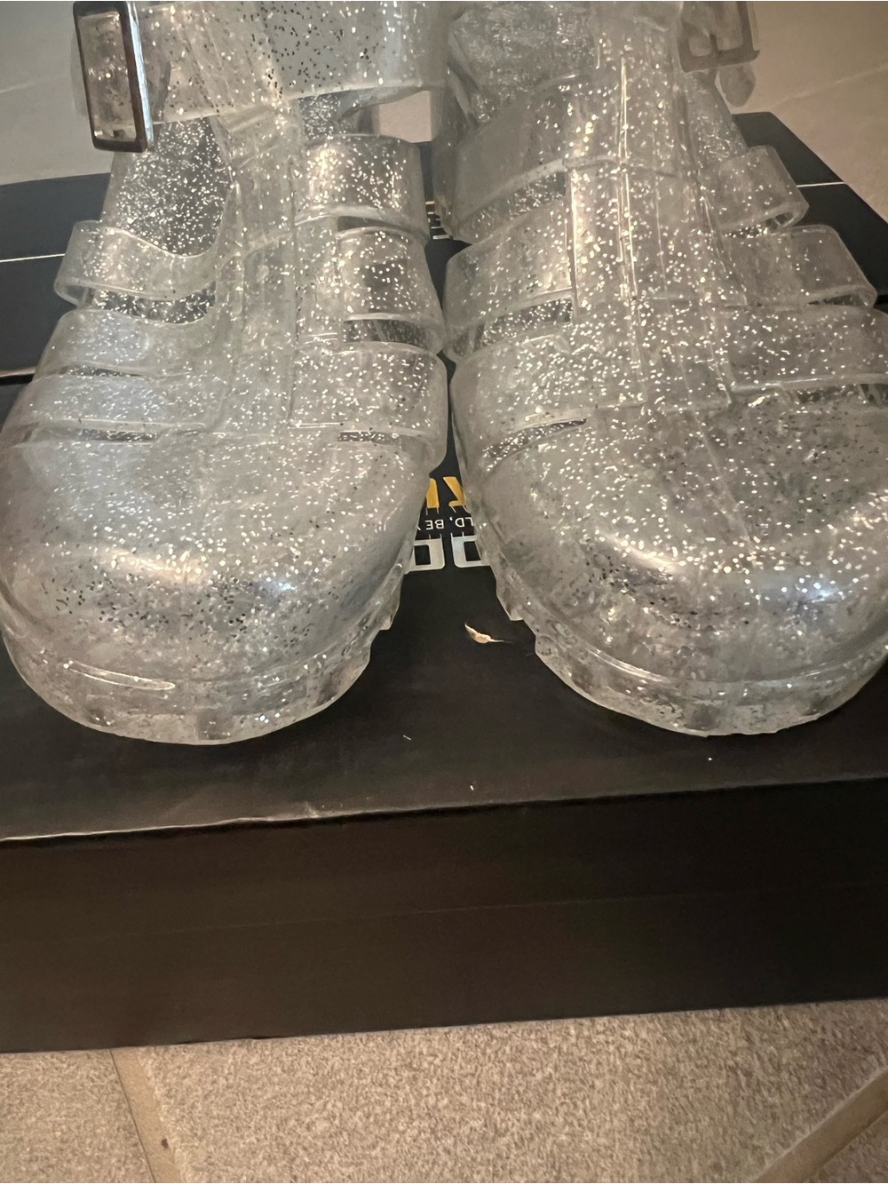 Clear Silver Glitter Jelly Heeled Sandals - Y2K Platform Chunky Sparkle Sandals - Picture 15 of 16